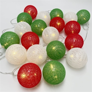 LED lyskæde med 20 røde, grønne og hvide bomuldskugler – 3 m, 20 lys – Ø 6 cm